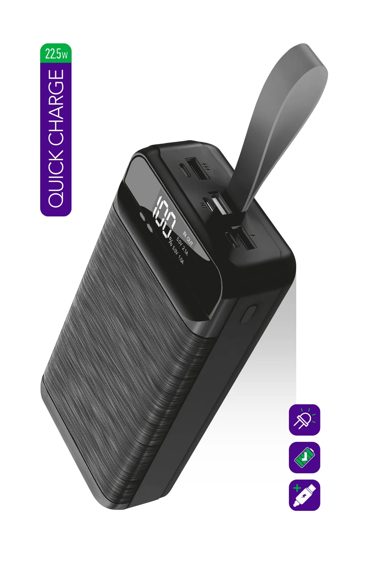 Powerway 30.000 Mah Pd 22.5w Kablolu 3.0 Hızlı Şarj Gerçek 30.000 Mah Garantili Işıklı Qc30 Siyah Powerbank